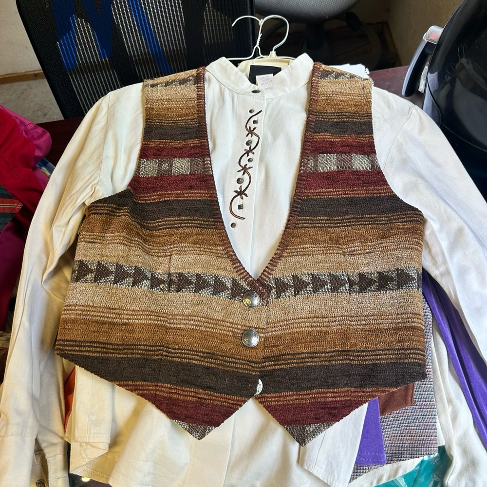Striped Brown and Tan Vest with Embroidered Shirt